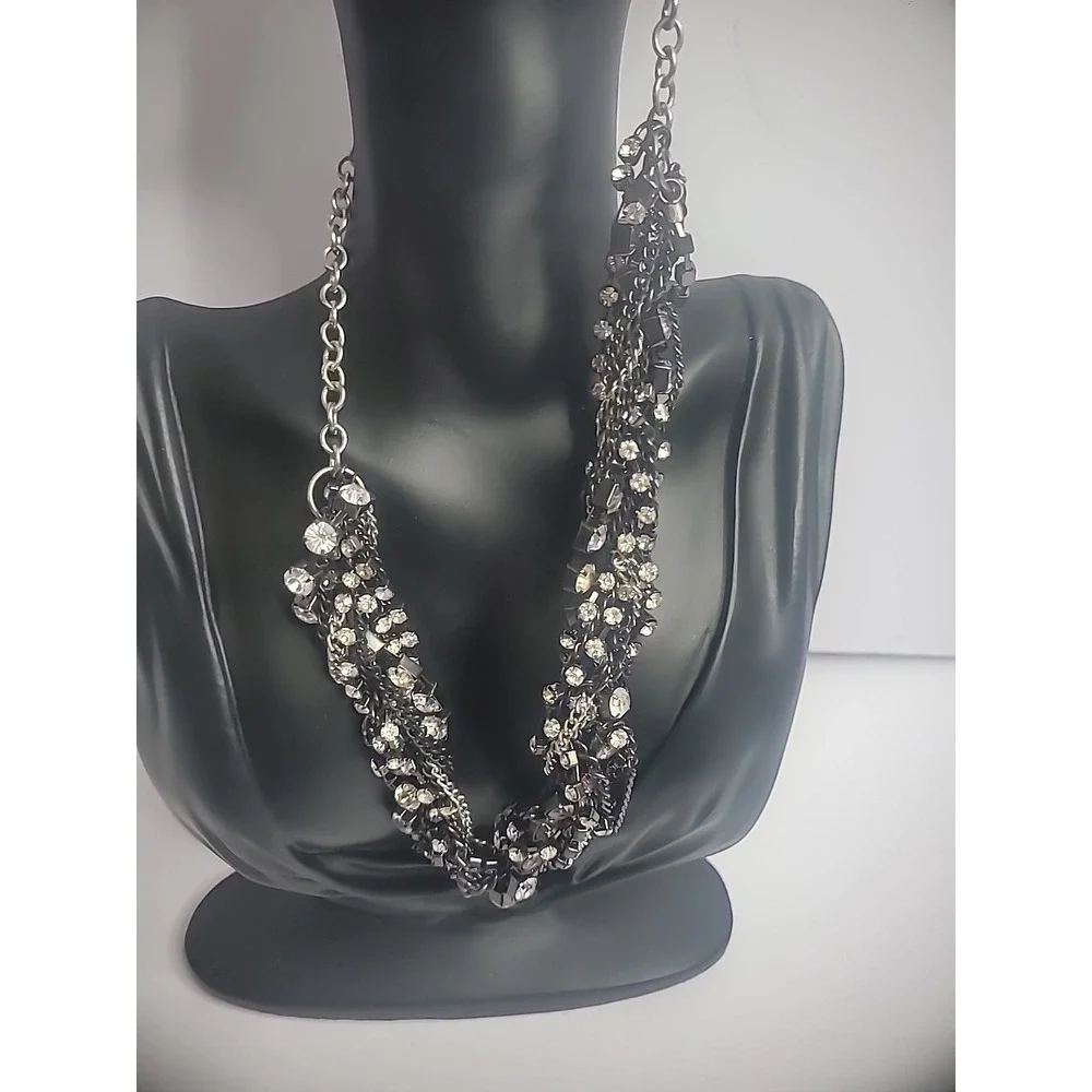 Vintage Silver Black Chain Crystals White Twisted Statement Jewelry Costume